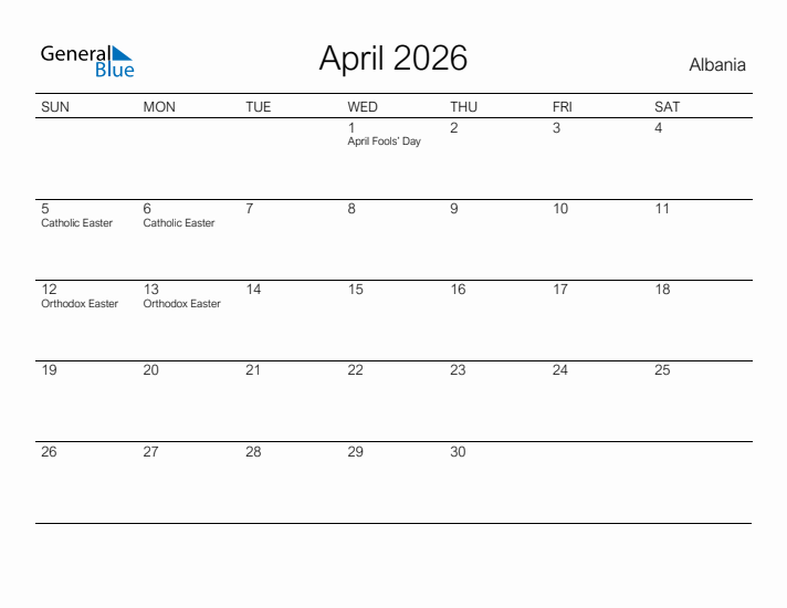 Printable April 2026 Calendar for Albania