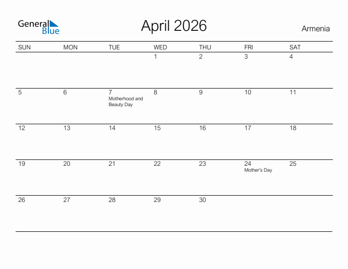 Printable April 2026 Calendar for Armenia