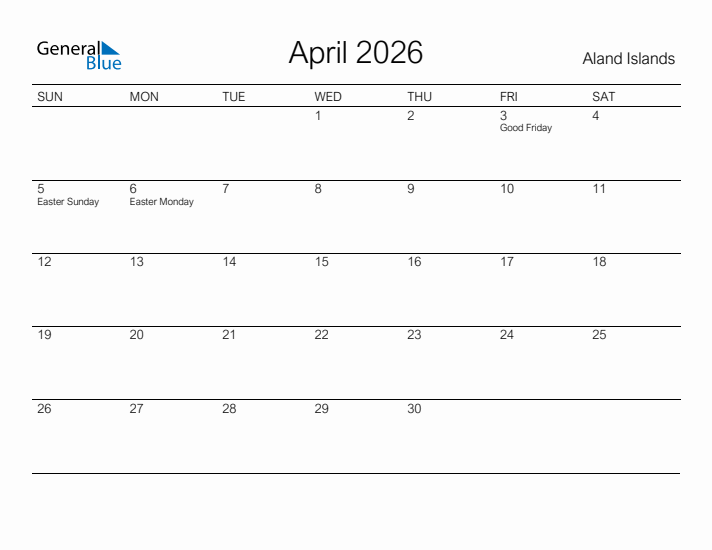 Printable April 2026 Calendar for Aland Islands