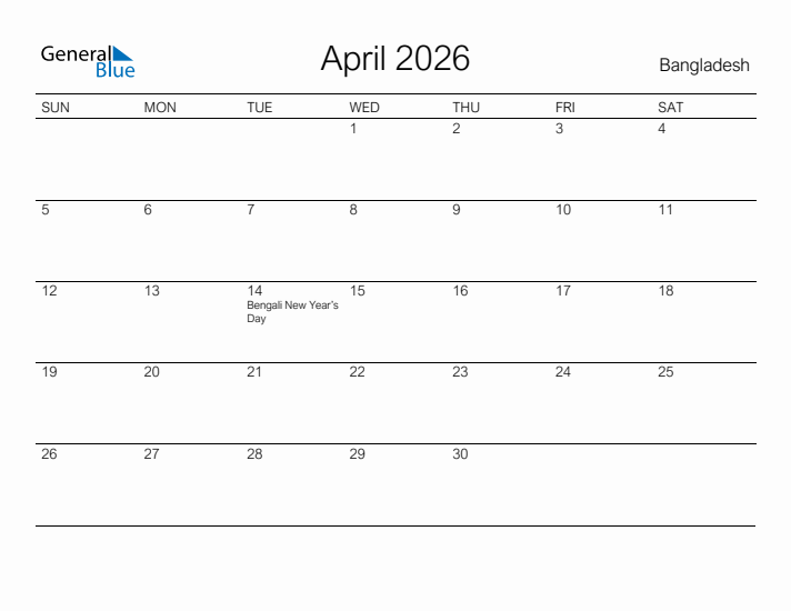 Printable April 2026 Calendar for Bangladesh