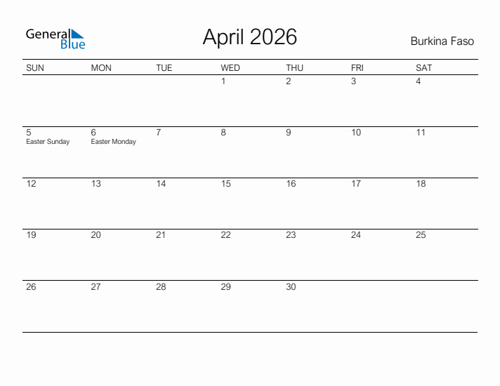 Printable April 2026 Calendar for Burkina Faso