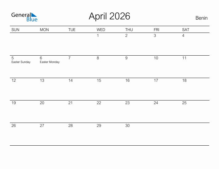 Printable April 2026 Calendar for Benin