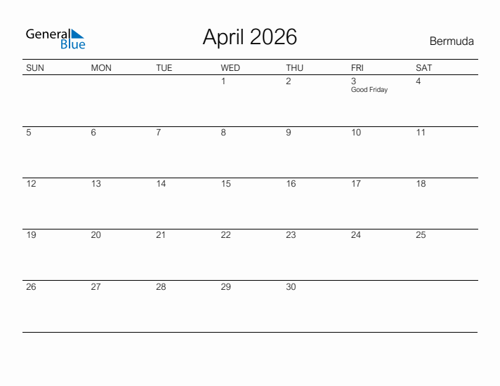 Printable April 2026 Calendar for Bermuda