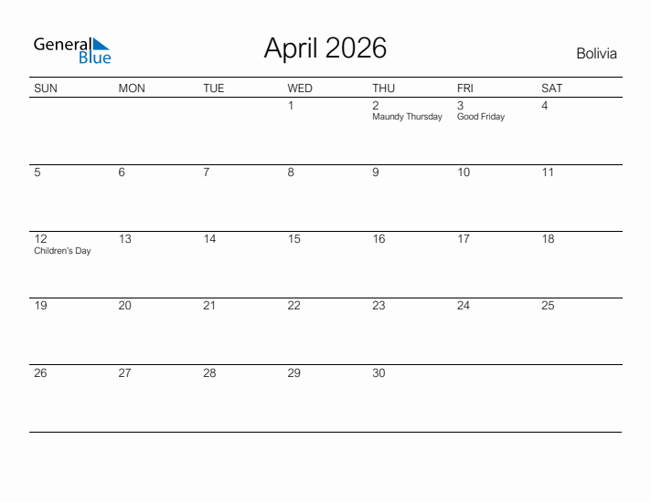 Printable April 2026 Calendar for Bolivia