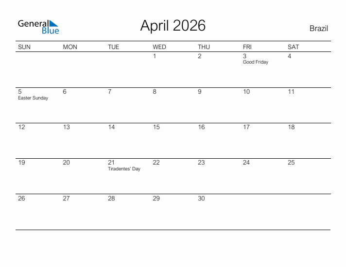 Printable April 2026 Calendar for Brazil