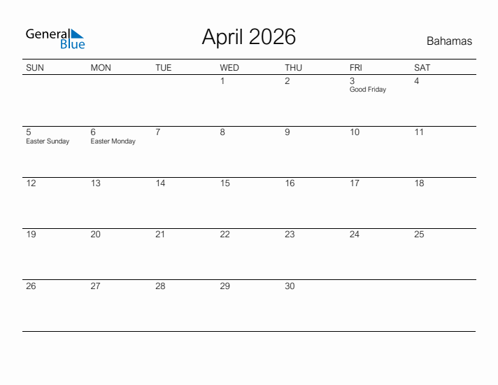 Printable April 2026 Calendar for Bahamas