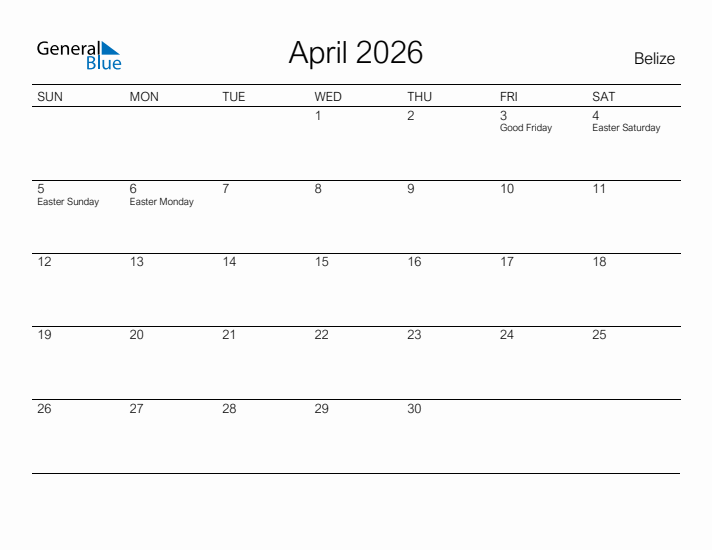 Printable April 2026 Calendar for Belize