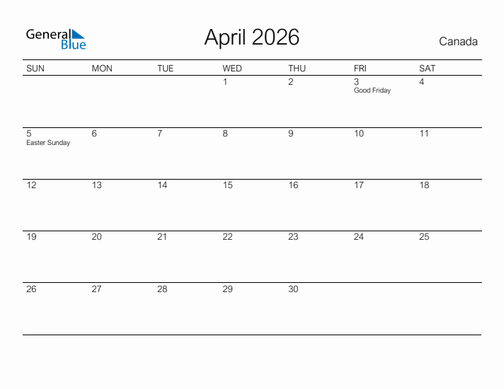 Printable April 2026 Calendar for Canada