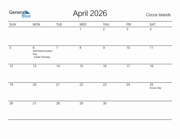 Printable April 2026 Calendar for Cocos Islands