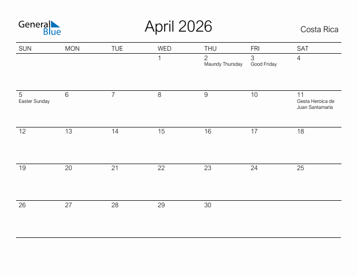 Printable April 2026 Calendar for Costa Rica