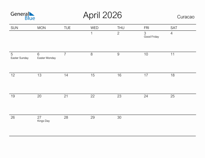 Printable April 2026 Calendar for Curacao