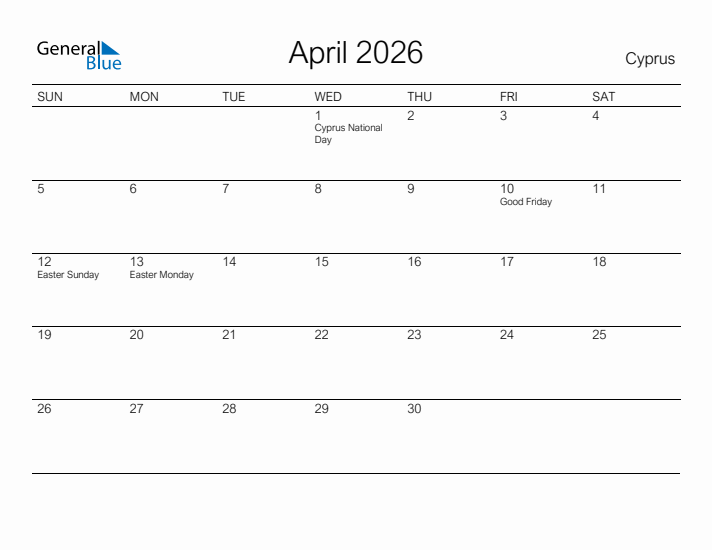 Printable April 2026 Calendar for Cyprus