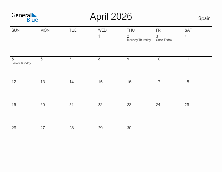 Printable April 2026 Calendar for Spain