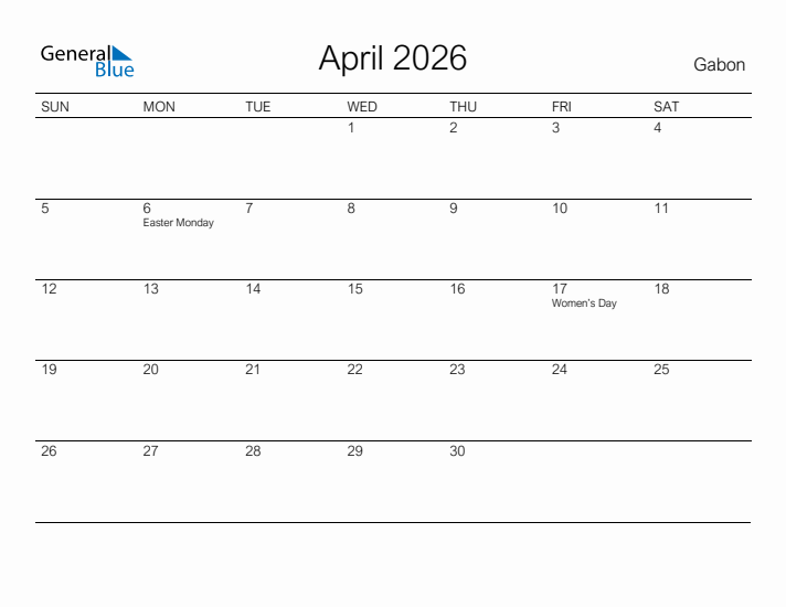 Printable April 2026 Calendar for Gabon