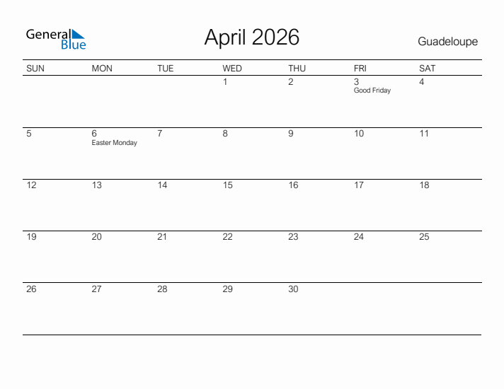 Printable April 2026 Calendar for Guadeloupe