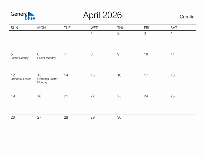 Printable April 2026 Calendar for Croatia