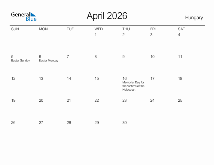 Printable April 2026 Calendar for Hungary