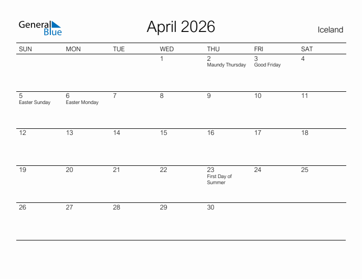Printable April 2026 Calendar for Iceland