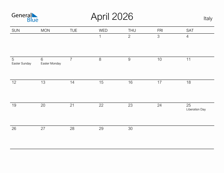 Printable April 2026 Calendar for Italy