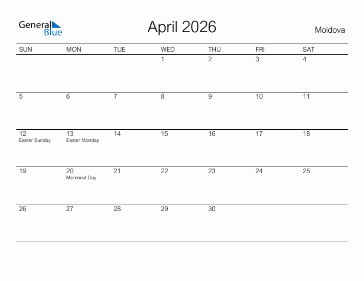 Printable April 2026 Calendar for Moldova