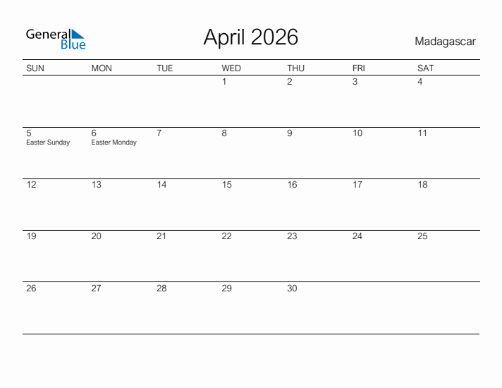 Printable April 2026 Calendar for Madagascar