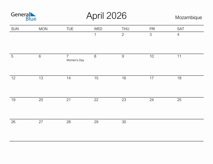 Printable April 2026 Calendar for Mozambique