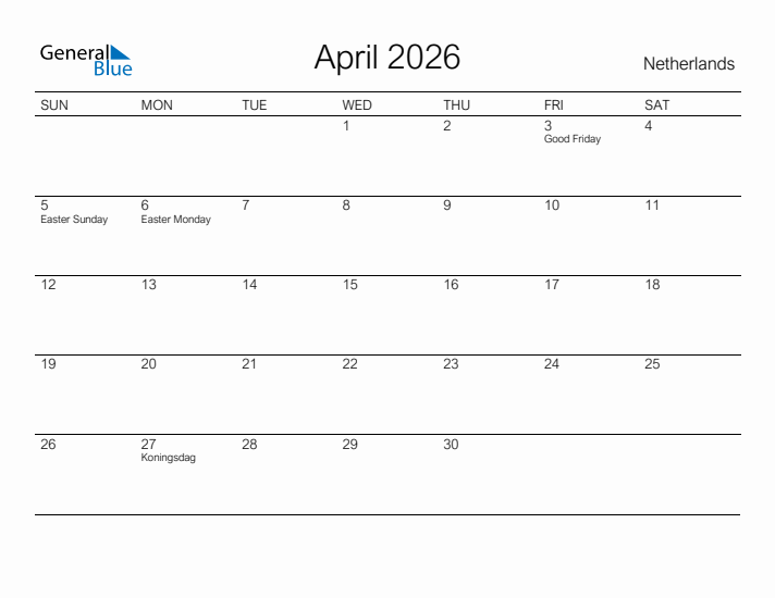 Printable April 2026 Calendar for The Netherlands