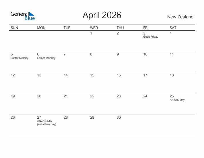 Printable April 2026 Calendar for New Zealand