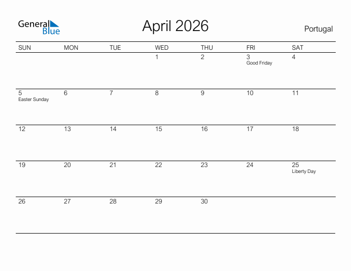 Printable April 2026 Calendar for Portugal