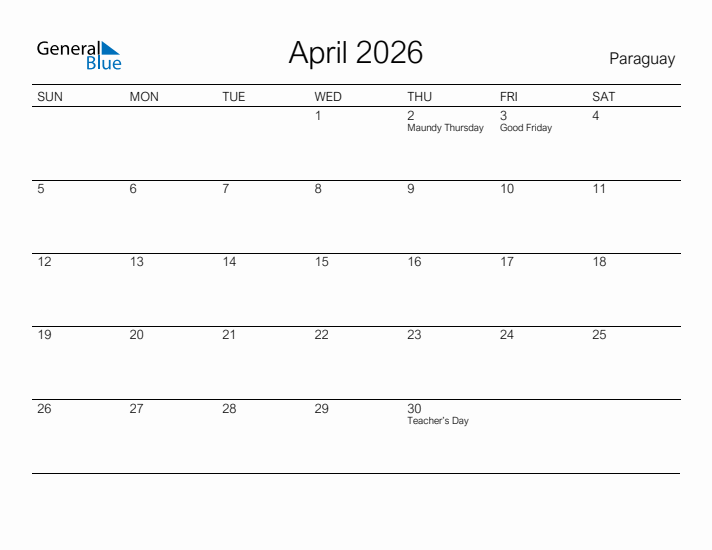 Printable April 2026 Calendar for Paraguay