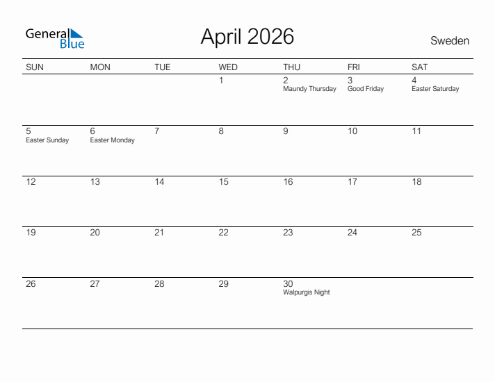 Printable April 2026 Calendar for Sweden