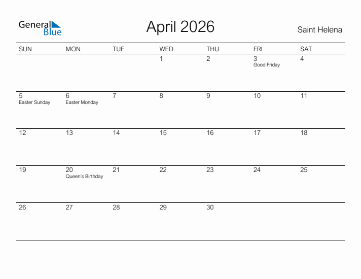 Printable April 2026 Calendar for Saint Helena