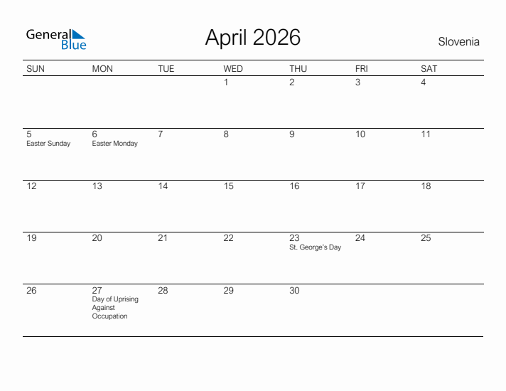 Printable April 2026 Calendar for Slovenia