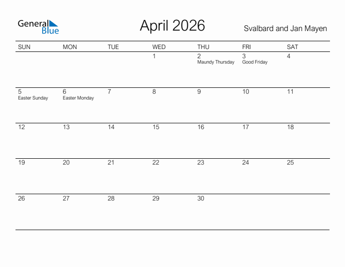 Printable April 2026 Calendar for Svalbard and Jan Mayen