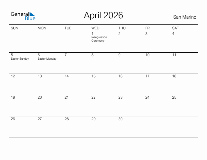 Printable April 2026 Calendar for San Marino