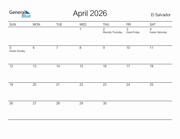 Printable April 2026 Calendar for El Salvador