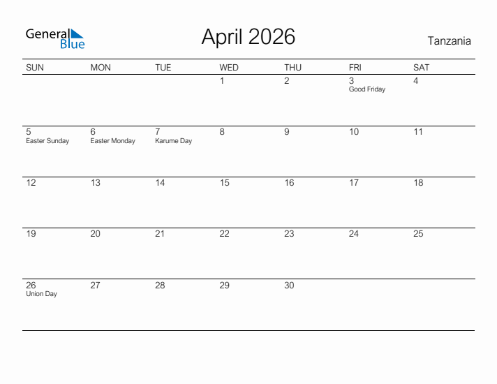 Printable April 2026 Calendar for Tanzania