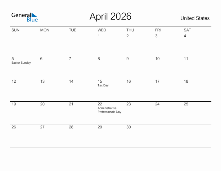 Printable April 2026 Calendar for United States