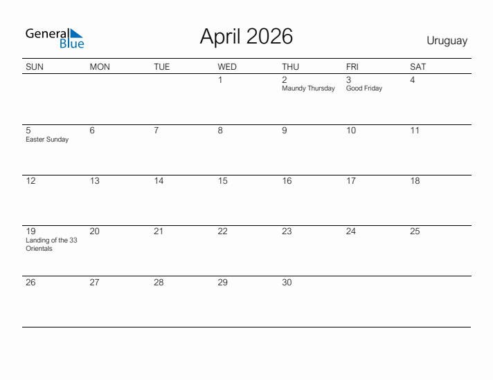 Printable April 2026 Calendar for Uruguay