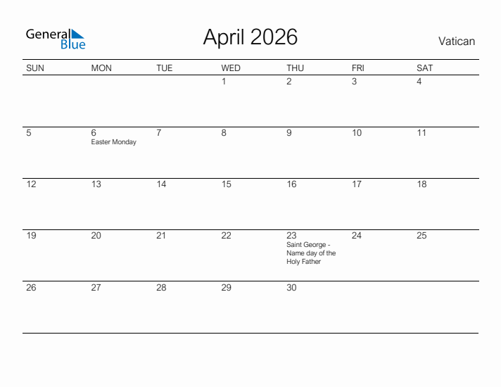 Printable April 2026 Calendar for Vatican