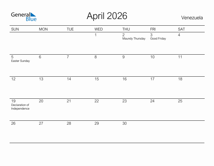 Printable April 2026 Calendar for Venezuela