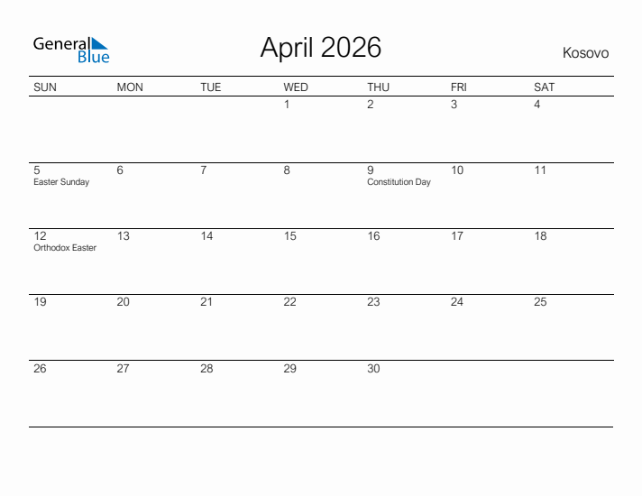 Printable April 2026 Calendar for Kosovo
