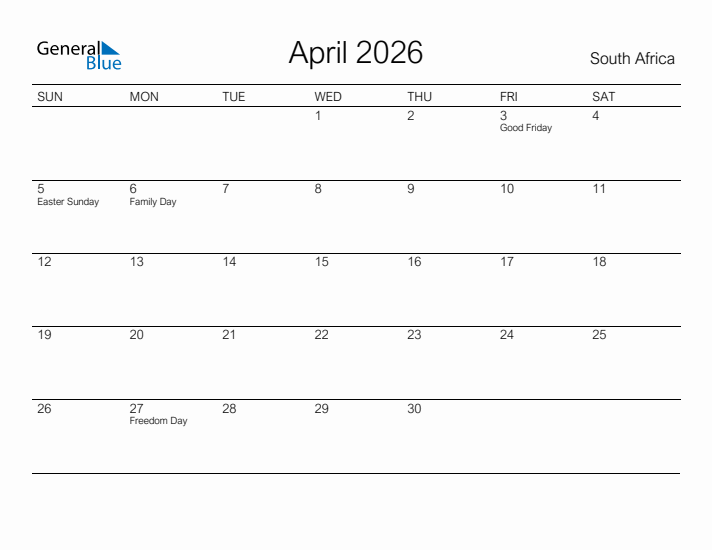 Printable April 2026 Calendar for South Africa
