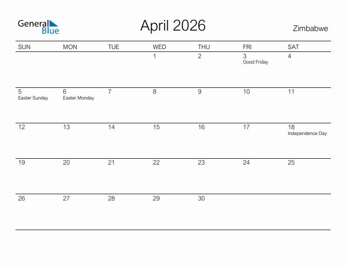 Printable April 2026 Calendar for Zimbabwe
