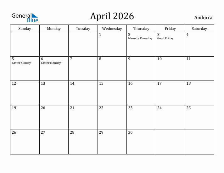 April 2026 Calendar Andorra