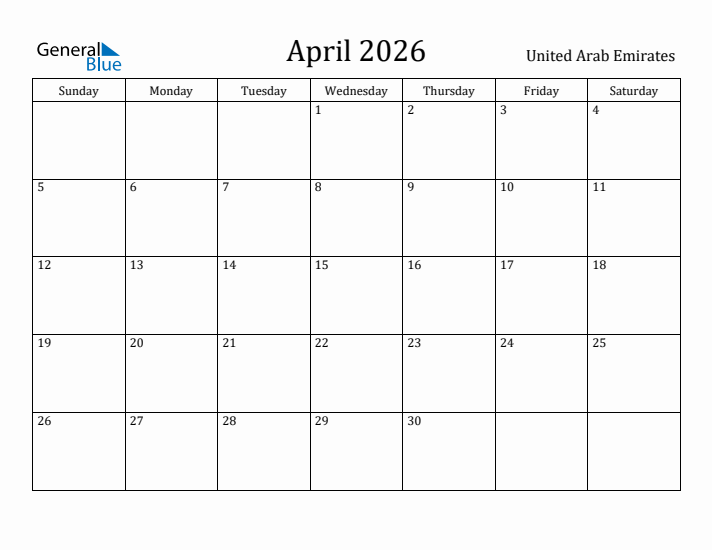 April 2026 Calendar United Arab Emirates