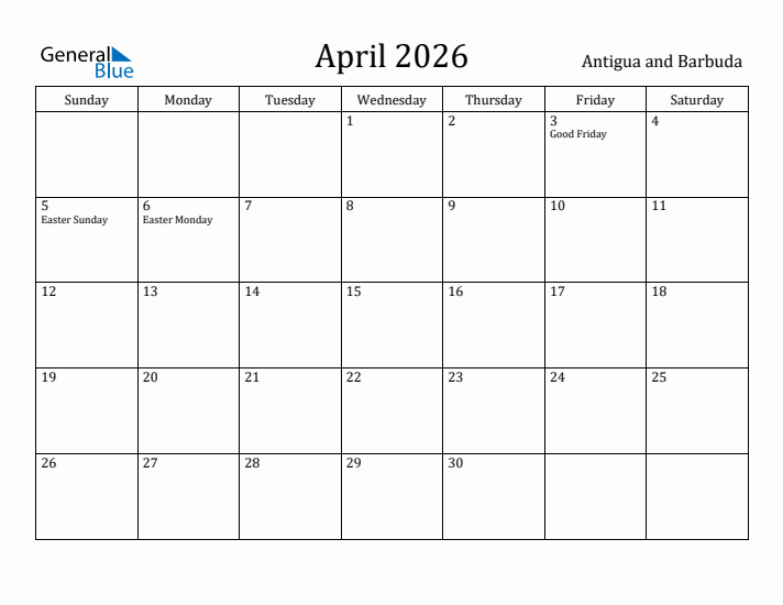 April 2026 Calendar Antigua and Barbuda