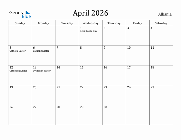 April 2026 Calendar Albania