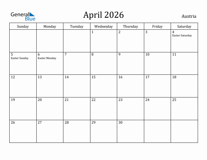 April 2026 Calendar Austria