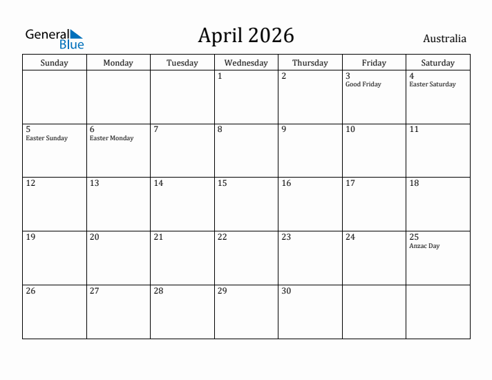 April 2026 Calendar Australia
